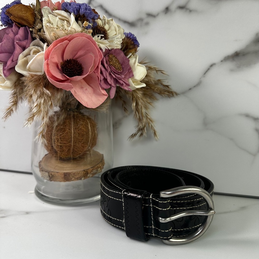Lauren Ralph Lauren Black Genuine Leather Belt Floral Cutout Silver Buckle Sz M‎